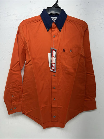 New Men’s Wrangler Orange Denim Collar Long Sleeve Button Up Small A-195