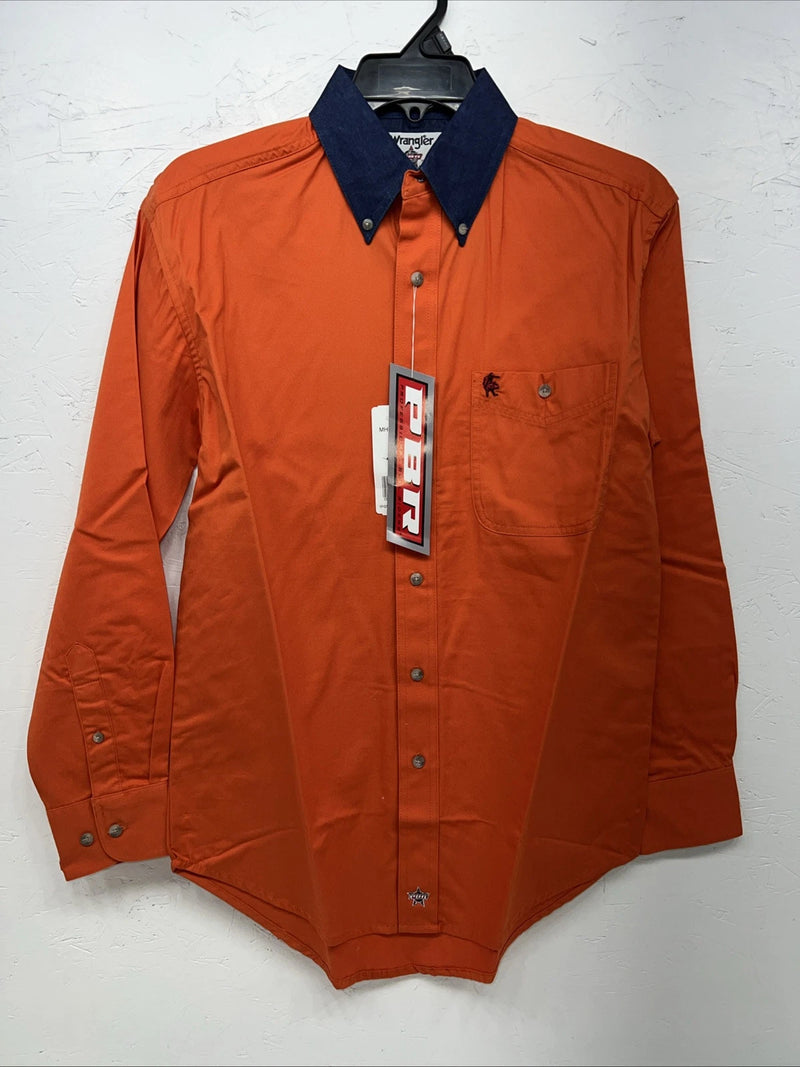 New Men’s Wrangler Orange Denim Collar Long Sleeve Button Up Small A-195