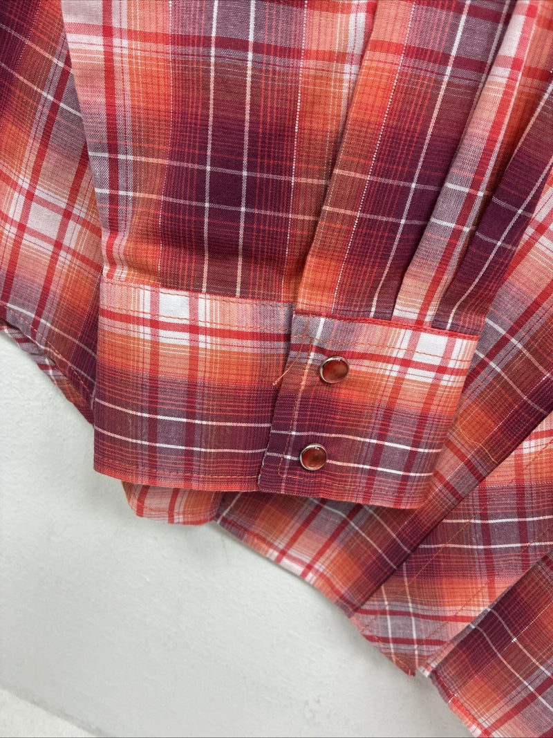 New Women’s Cumberland Pink orange Plaid Long Sleeve Pearl Snap XL GG-61