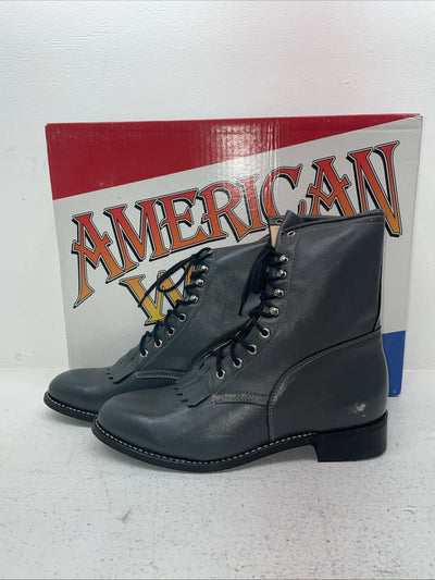 New Men’s Gray Lace Up American West Cowboy Boots. 6999 9.5 9 1/2 E W. 5-16
