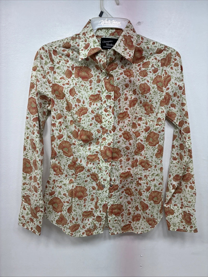 New Women’s Champion Western Floral Long Sleeve Pearl Snap Size 12 MM-46