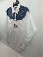 New Men’s ELY Cattleman White Blue Embroidered Long Sleeve Pearl Snap XL H-75