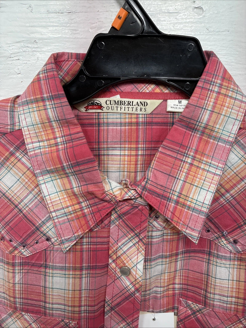 New Women’s Cumberland Pink Plaid Long Sleeve Pearl Snap Medium DD-26