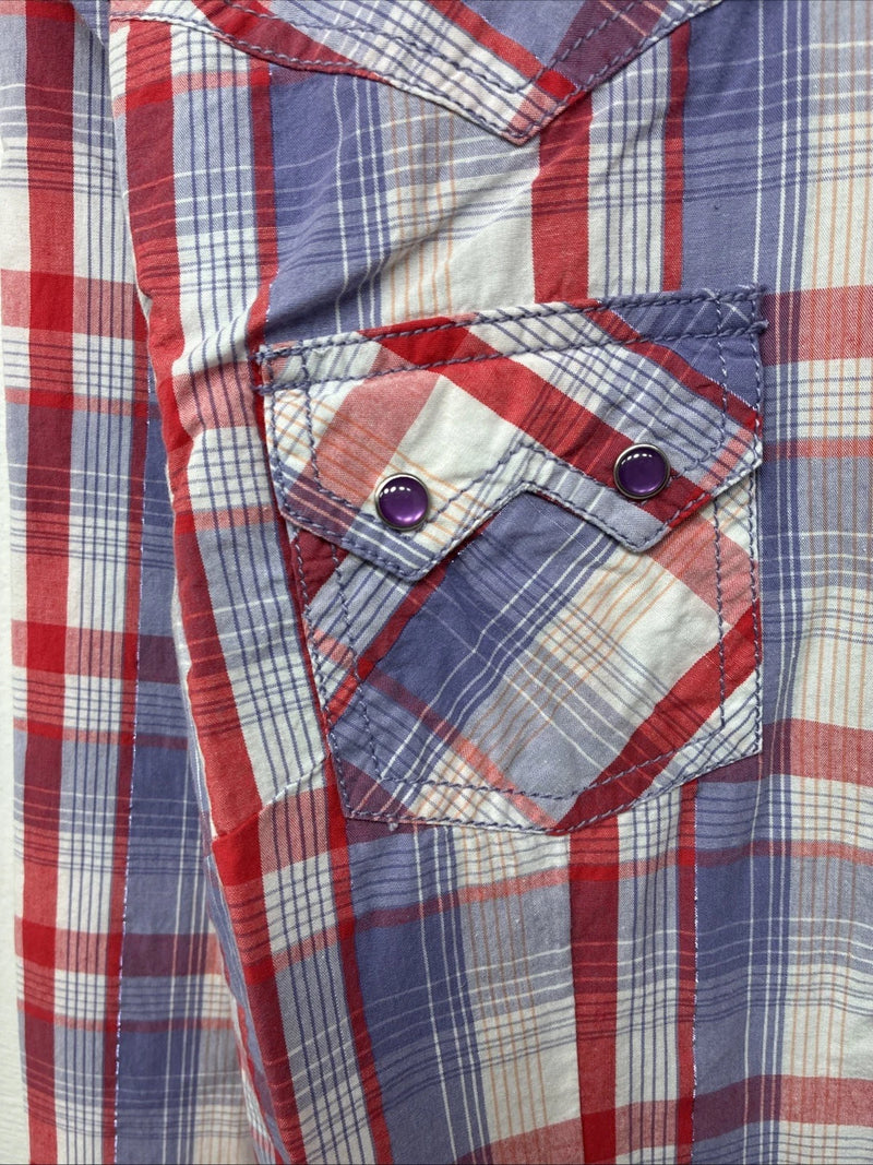 New Women’s Cumberland Purple Plaid Long Sleeve Pearl Snap Large II-101