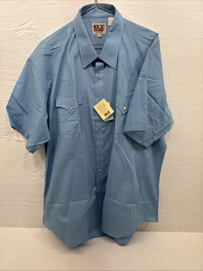 New Men’s ELY Cattleman Blue Simple Short Sleeve Pearl Snap XL F-85