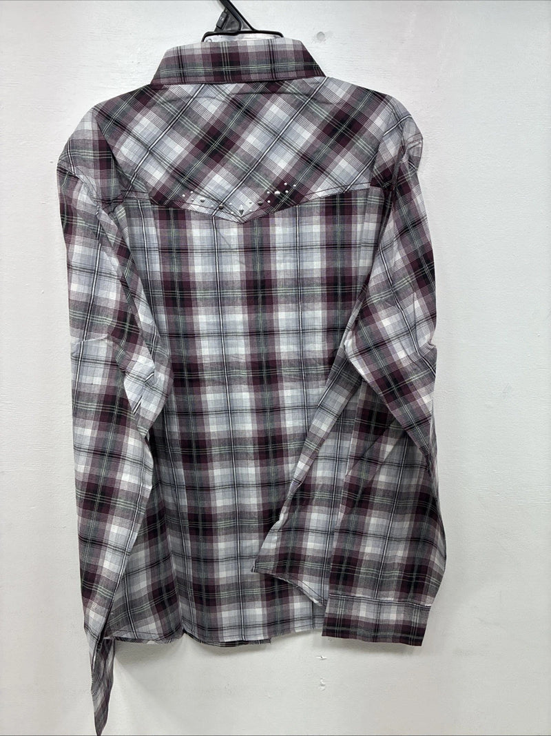 New Women’s Cumberland Purple Plaid Long Sleeve Pearl Snap 1XL GG-23