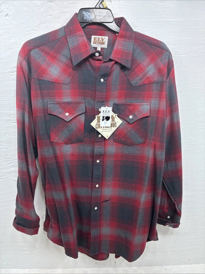 New Men’s ELY Cattleman Red Plaid Heavy Long Sleeve Pearl Snap Large CC-37