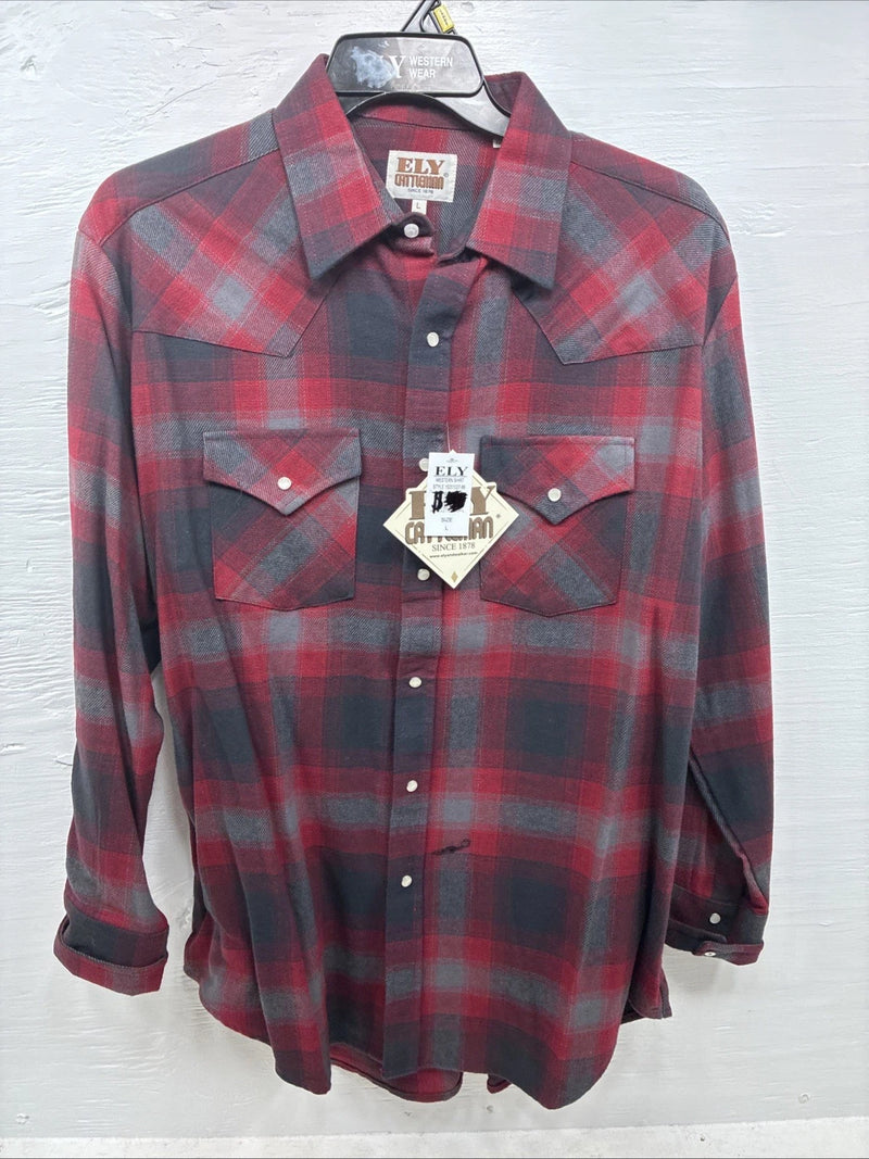 New Men’s ELY Cattleman Red Plaid Heavy Long Sleeve Pearl Snap Large CC-37