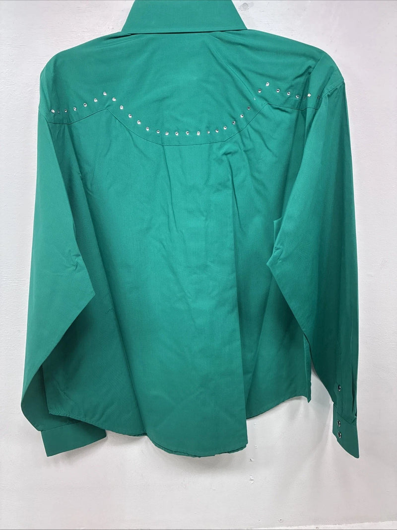 New Women’s White Horse Green Gem Long Sleeve Pearl Snap Large II-74