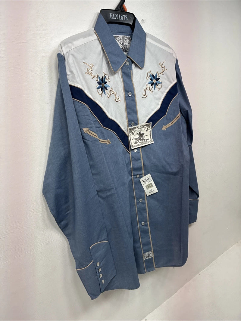 New Women’s ELY 1878 Blue Deigned Long Sleeve Pearl Snap Medium II-68