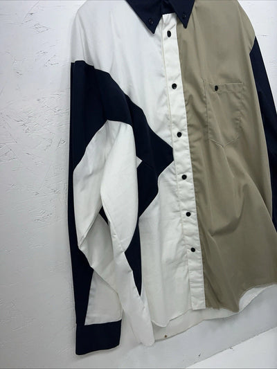 New Men’s Navy White Tan Cowboy Threads Button Up Long Sleeve Shirt Medium I-53