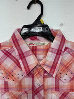 New Women’s Cumberland Pink Orange Plaid Long Sleeve Pearl Snap Large II-106