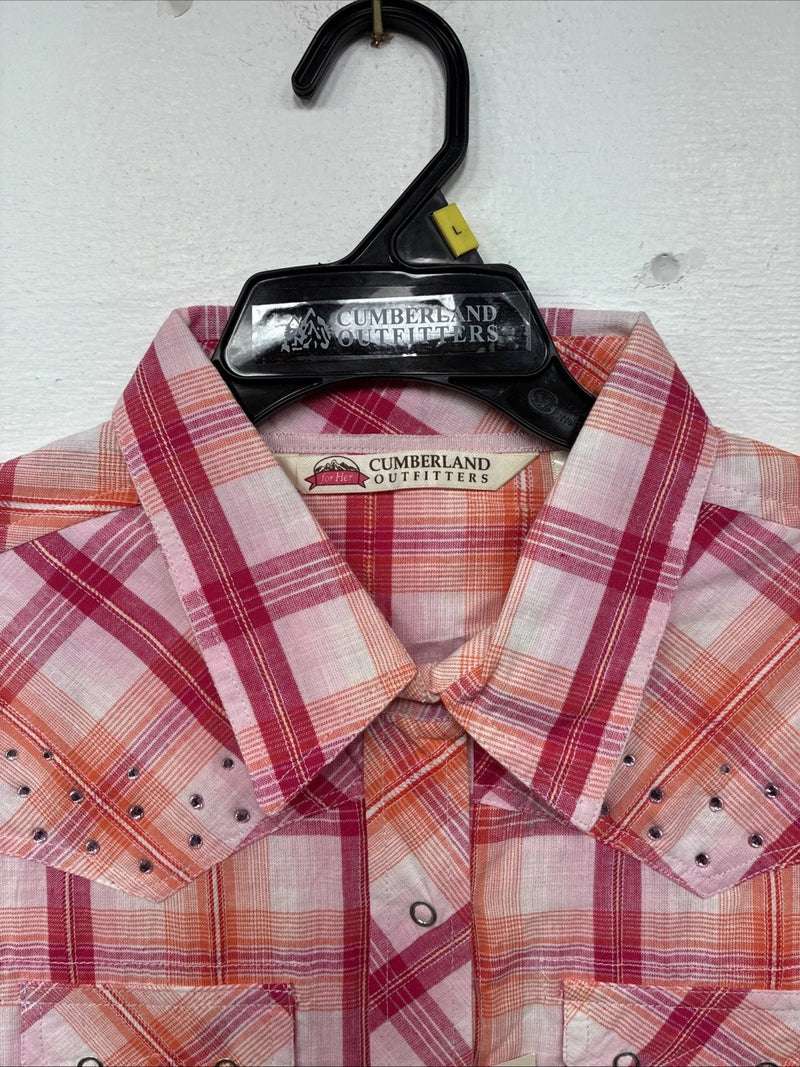 New Women’s Cumberland Pink Orange Plaid Long Sleeve Pearl Snap Large II-106