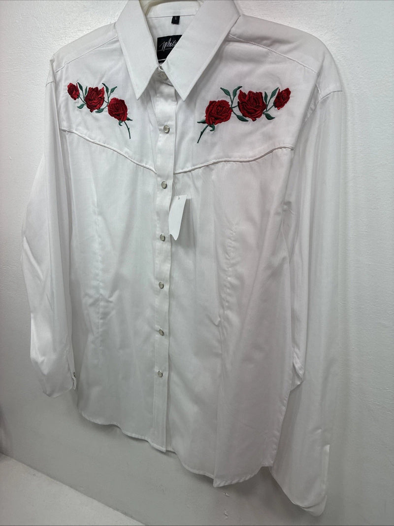 New Womens White Horse White Rose Long Sleeve Pearl Snap Large II-91