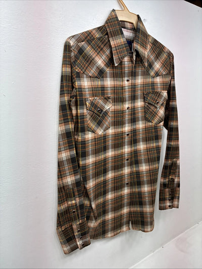 New Women’s Panhandle Slim Brown Plaid Long Sleeve Pearl Snap Size 34 MM-57