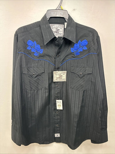 New Women’s ELY 1878 Black Blue Design Long Sleeve Pearl Snap Large LL-30