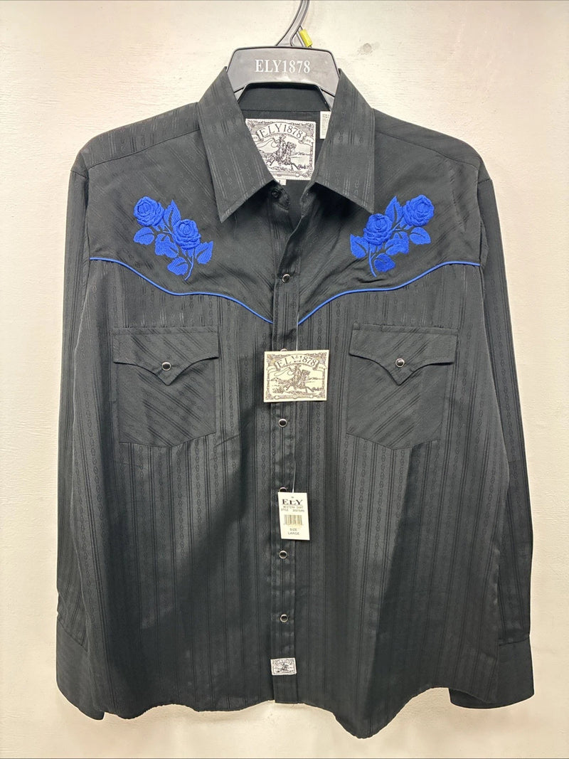 New Women’s ELY 1878 Black Blue Design Long Sleeve Pearl Snap Large LL-30