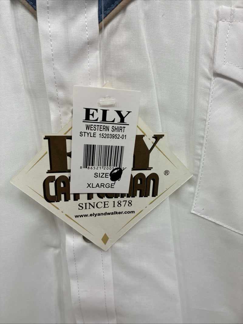 New Men’s ELY Cattleman White Blue Embroidered Long Sleeve Pearl Snap XL H-75