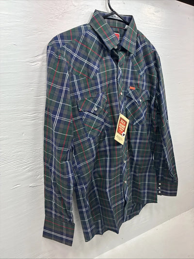 New Men’s ELY Plains Blue Green Plaid Long Sleeve Pearl Snap 15.5 Medium R-30