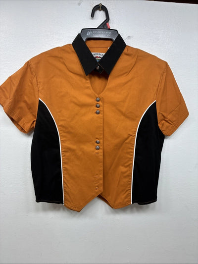 New Women’s Cumberland Orange Black Short Sleeev Crop Button Up Small TT-107