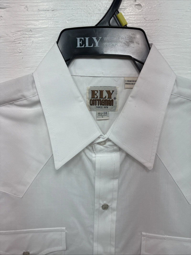 New Men’s ELY Cattleman White Long Sleeve Pearl Snap 16.5 X 34 Large AA-39