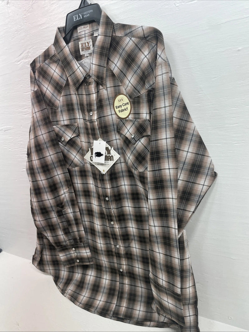 New Men’s ELY Cattleman Tan Long Sleeve Pearl Snap 3XL E-34