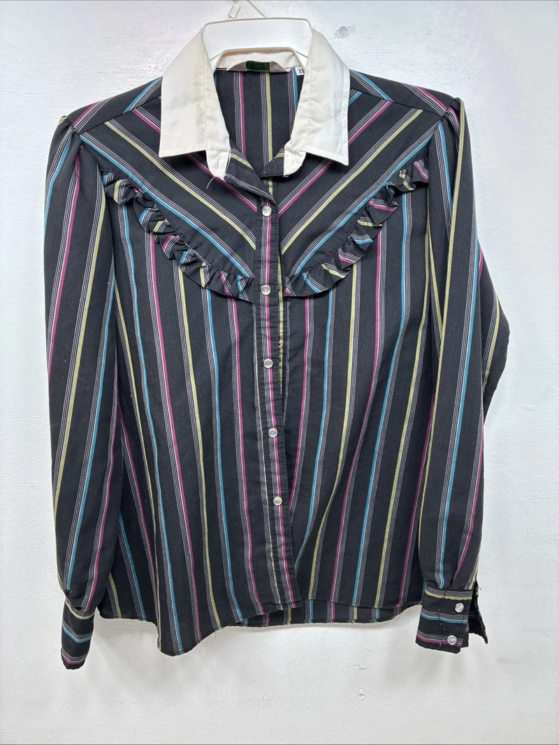 New Women’s H Bar C Black Stripe Long Sleeve Pearl Snap Size 38 TT-71