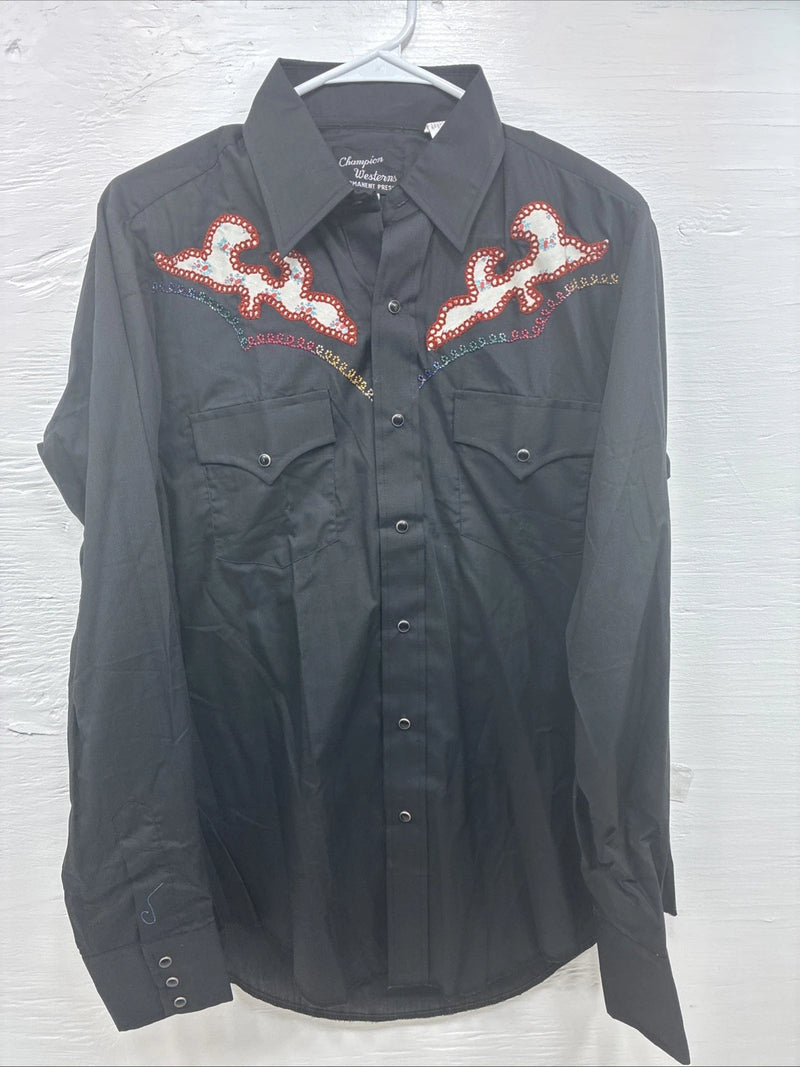 New Men’s Champion Western Black Design Long Sleeve Pearl Snap 15.5 Medium T-89