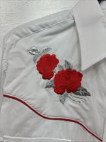 New Men’s ELY Cattleman White Red Rose Design Long Sleeve Pearl Snap Medium K-60
