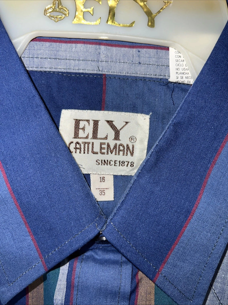 New Men’s Blue ELY Cattleman Pearl Snap Long Sleeve Shirt. 16x35 Large P-57