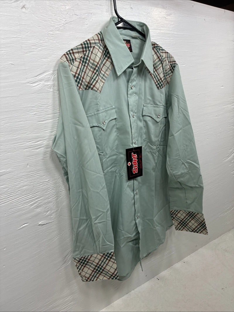 New Men’s Western Shirts Blue Plaid Long Sleeve Pearl Snap 16 Large CC-58