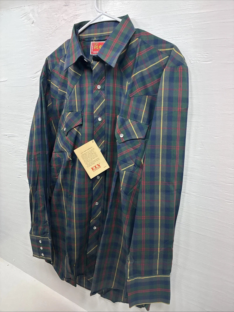 New Men’s ELY Plains Green Plaid Long Sleeve Pearl Snap 16.5 X 34 Large R-19