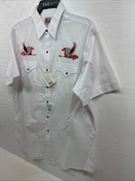 New Men’s ELY Cattleman White Eagle Flag Short Sleeve Pearl Snap Large Q-45