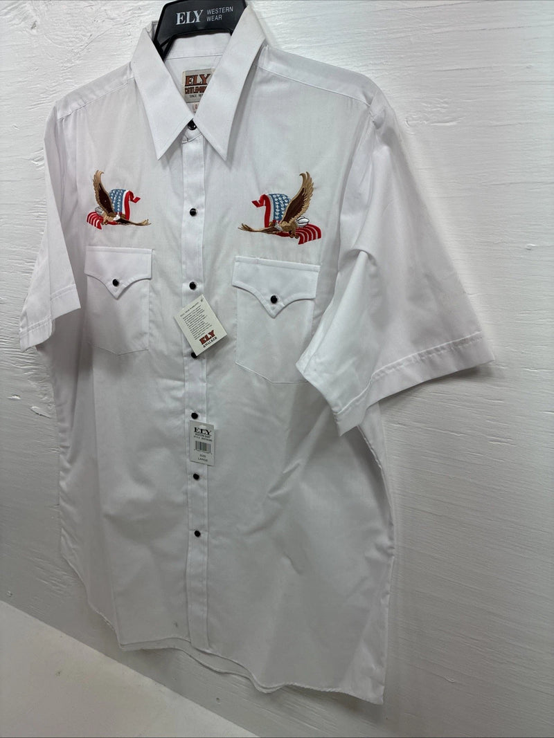 New Men’s ELY Cattleman White Eagle Flag Short Sleeve Pearl Snap Large Q-45