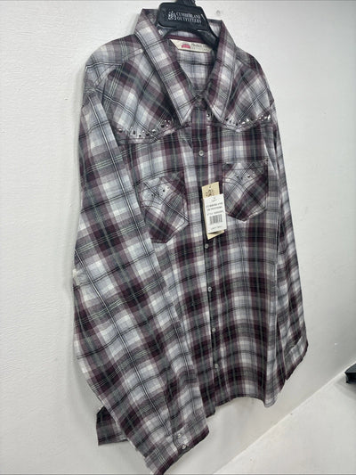 New Women’s Cumberland Purple Plaid Long Sleeve Pearl Snap Size 3X GG-11