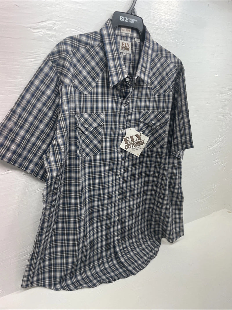 New Men’s ELY cattleman Blue Short Sleeve Pearl Snap 3XL E-27