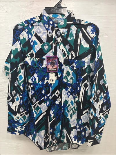 New Men’s Wrangler Black Blue Designed Long Sleeve Button Up 15.5 Medium V-87