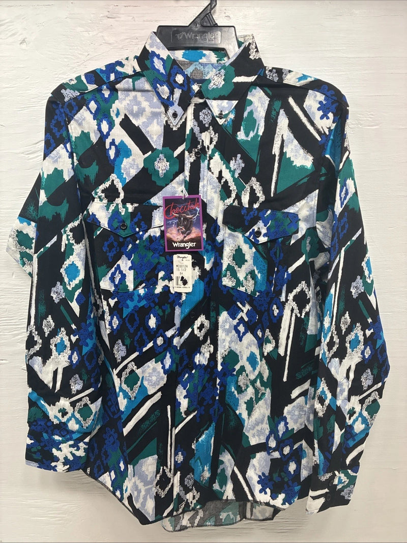 New Men’s Wrangler Black Blue Designed Long Sleeve Button Up 15.5 Medium V-87