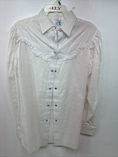 New Women’s Miss Rodeo White Deign Long Sleeve Pearl Snap 15 Large II-50