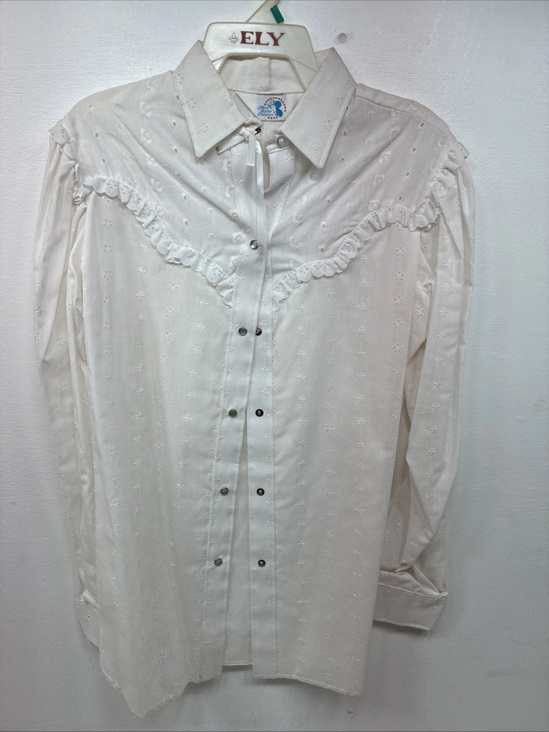New Women’s Miss Rodeo White Deign Long Sleeve Pearl Snap 15 Large II-50