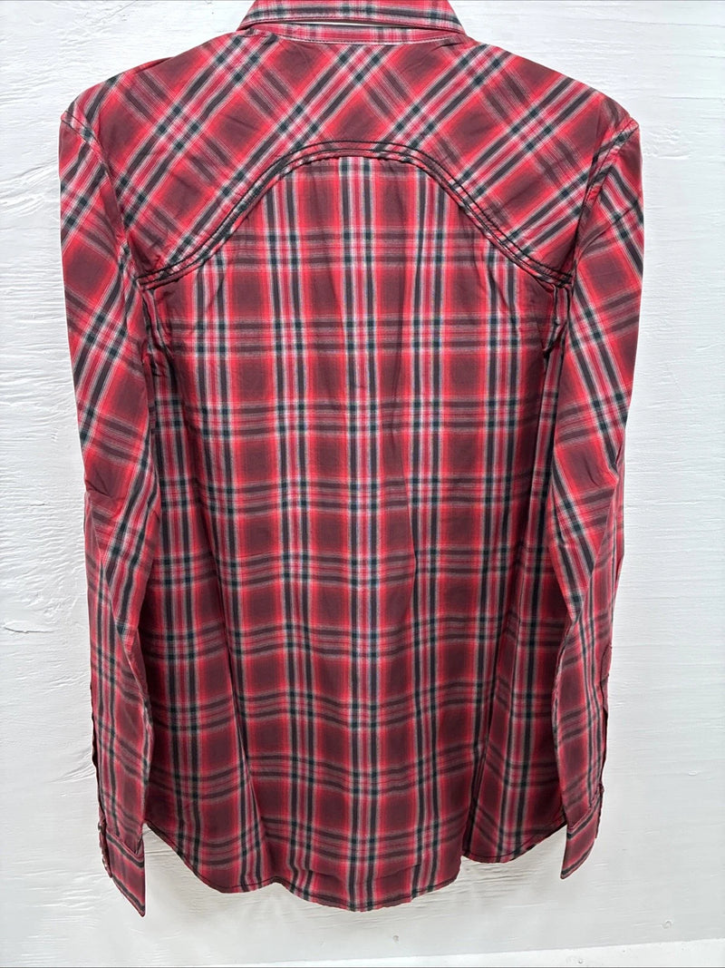 New Men’s ELY 1878 Red Black Plaid Long Sleeve Pearl Snap Large Q-69