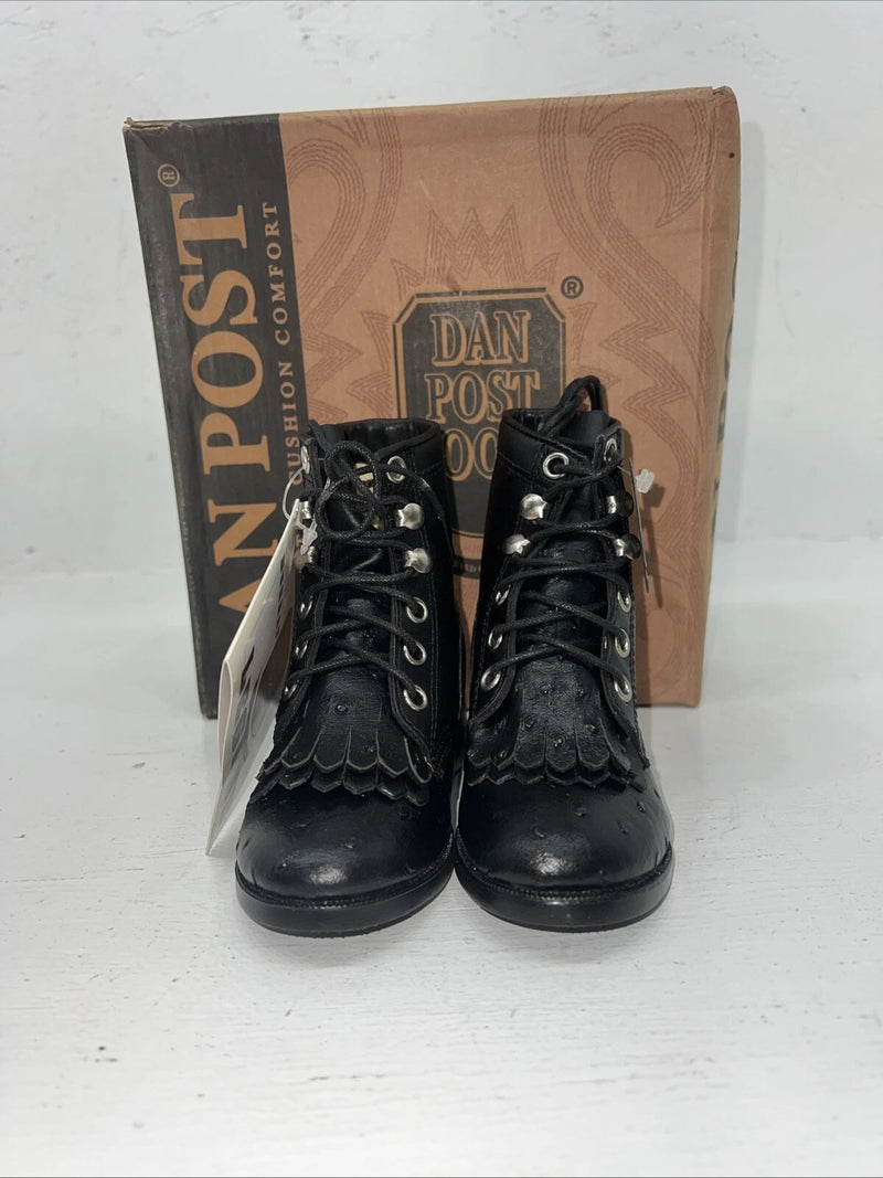 New Infant Dan Post Black Ostrich Print Lace Up Cowboy Boots. 4.5  4 1/2 D. 24-2
