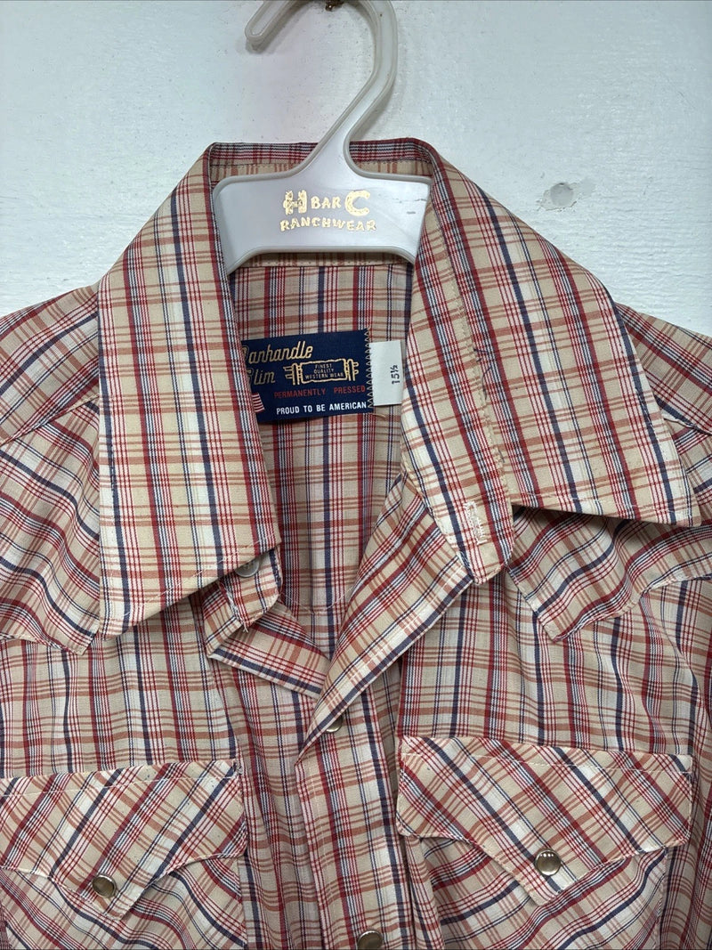 New Women’s Pandhanel Slim Red Plaid Short Sleeve Pearl Snap 15.5 Large MM-20