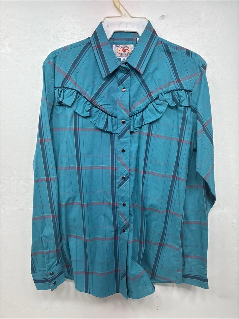 New Women’s Country Charmer Blue Plaid Long Sleeve Pearl Snap Medium KK-40
