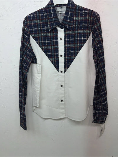 New Women’s Cowboy Threads White Navy Plaid Long Sleeve Button Up M #7906 3C-41