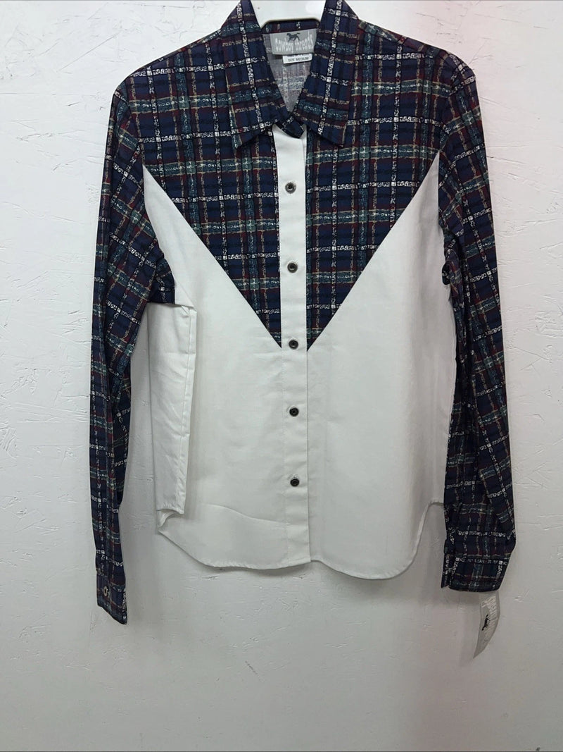 New Women’s Cowboy Threads White Navy Plaid Long Sleeve Button Up M #7906 3C-41