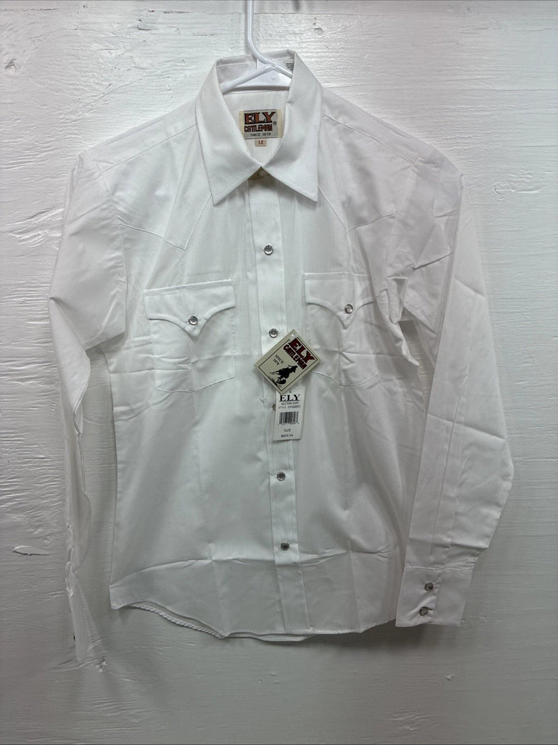 New Boys ELY Cattleman White Long Sleeve Pearl Snap Size 14 AA-41