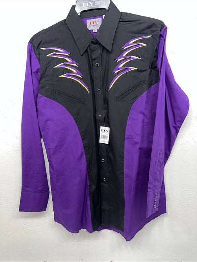 New Men’s Purple Black ELY Diamond Pearl Snap Long Sleeve Shirt Medium I-55