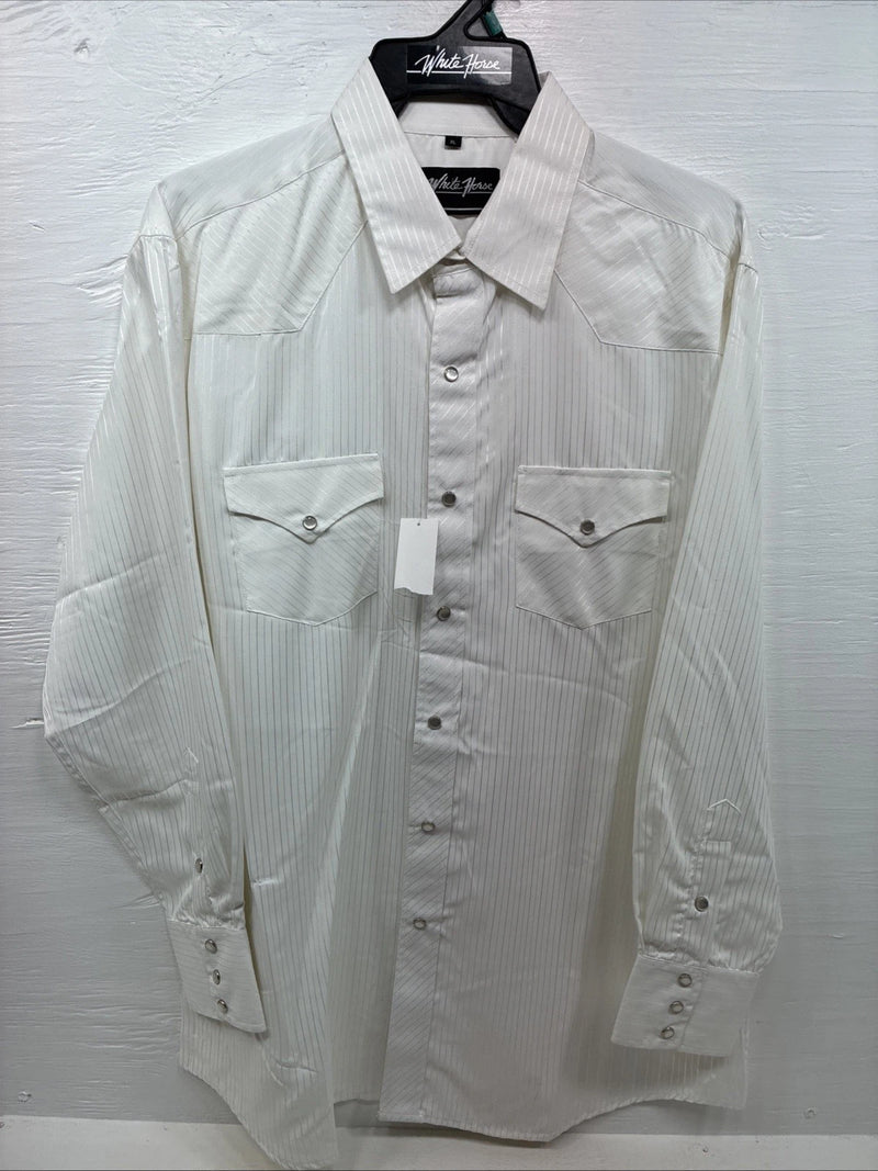New Men’s White Horse White Stripe Design Long Sleeve Pearl Snap XL O-63