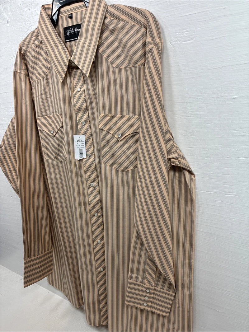 New Men’s White Horse Gold Black Stripe Long Sleeve Pearl Snap 2XL H-30